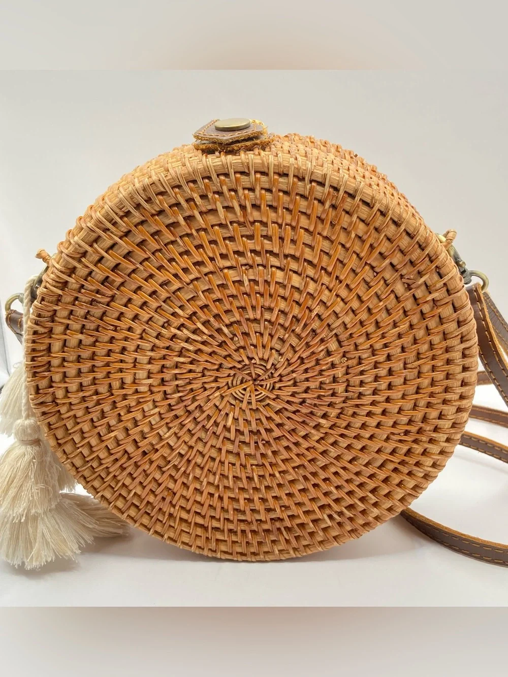 Handmade‎ Woven Round Straw Crossbody Bag with Bali Tropical Lining - Natural
